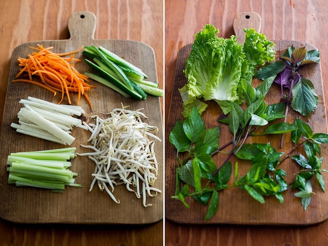 vegetables and herbs for how to roll rice paper wraps 
