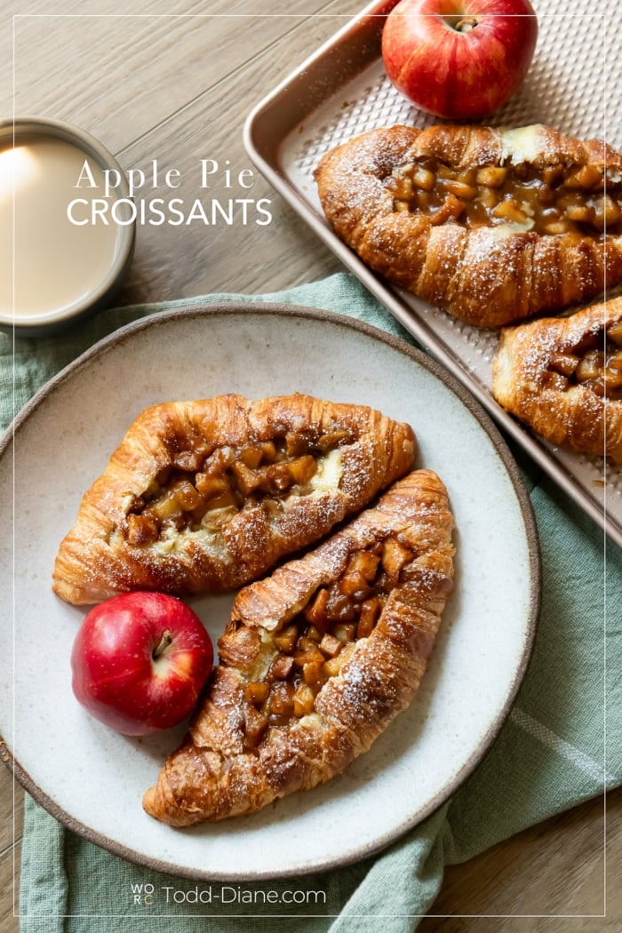 apple pie croissant boats on plate with coffee