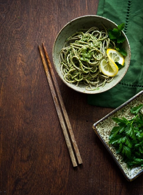 Parsley Pesto Recipe with Soba Noodles with chopsticks 