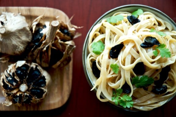 black garlic on noodles