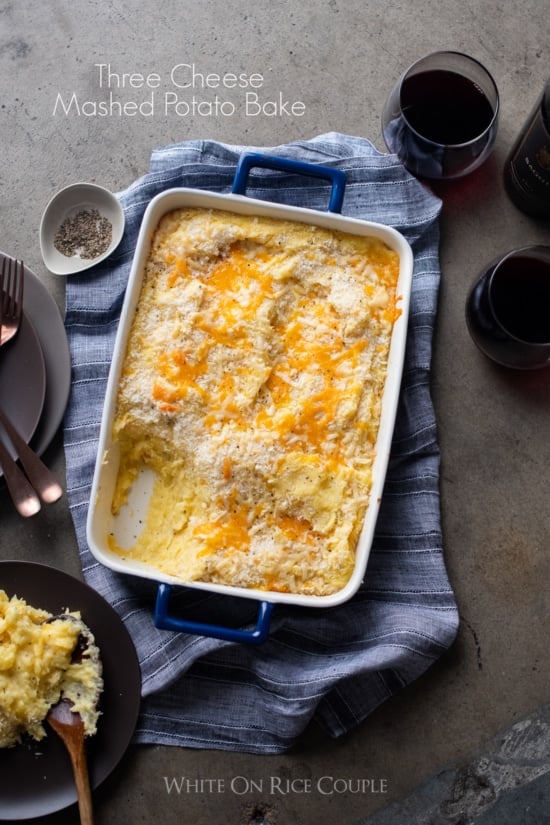 Three Cheese Mashed Potato Casserole Bake in a baking dish