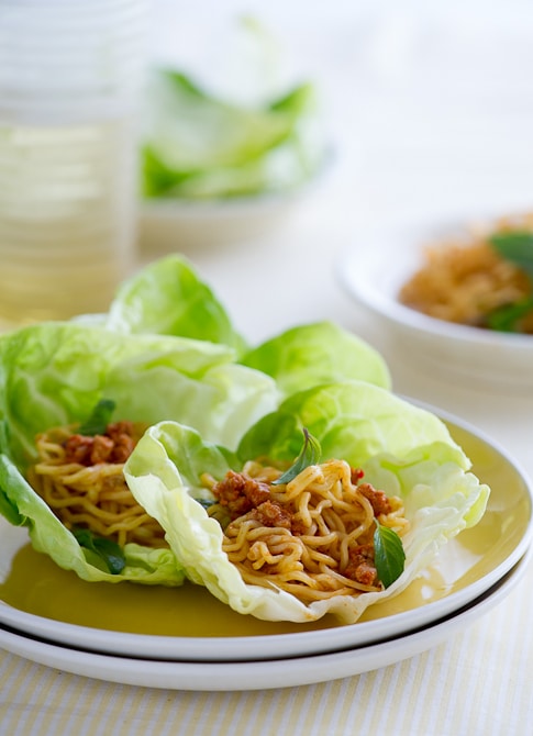 Spicy pork lettuce cups recipe or lettuce wraps on plate