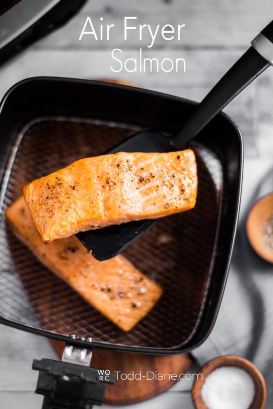 air fryer salmon on spatula 