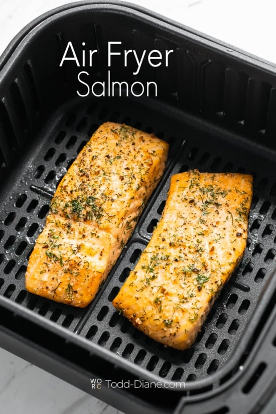 air fryer garlic herb salmon in basket 