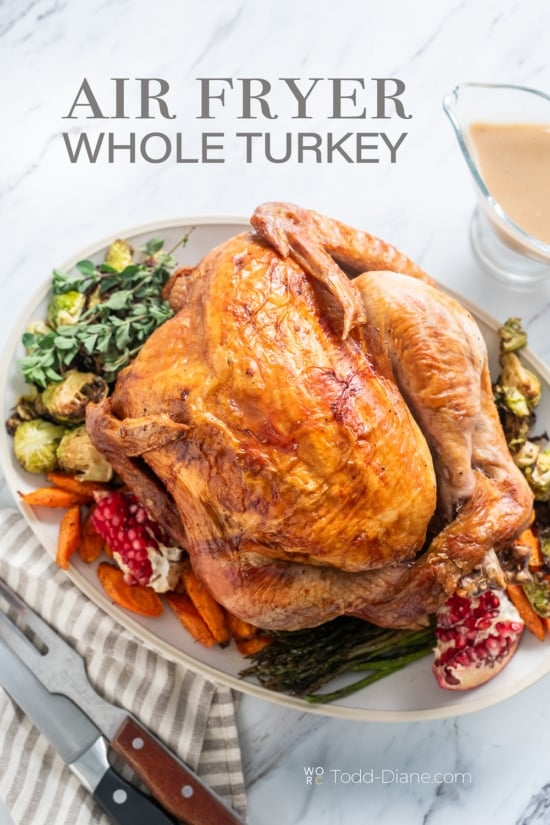 plated air fryer turkey with sides and gravy boat 