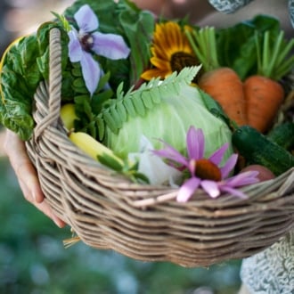 Basket of flowers and fresh picked vegetables