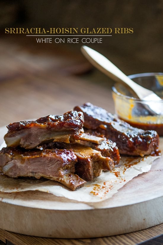 Asian Baked Pork Ribs Recipe with Sriracha Hoisin Sauce on a cutting board