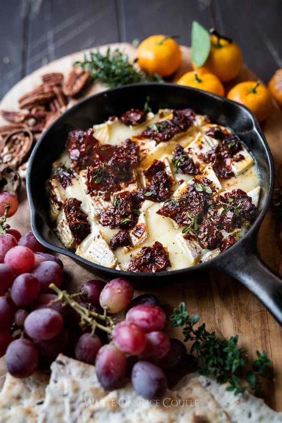 Baked Brie Dip Recipe with Garlic Sun Dried Tomato in a skillet