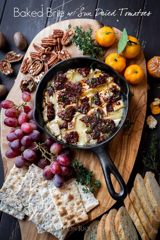 Baked Brie Dip Recipe with Garlic Sun Dried Tomato in a skillet