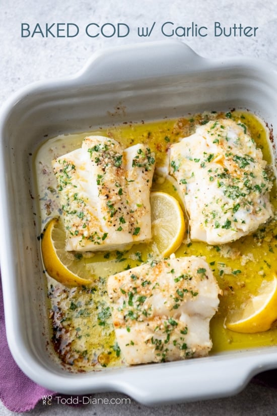 pan of cooked baked cod recipe