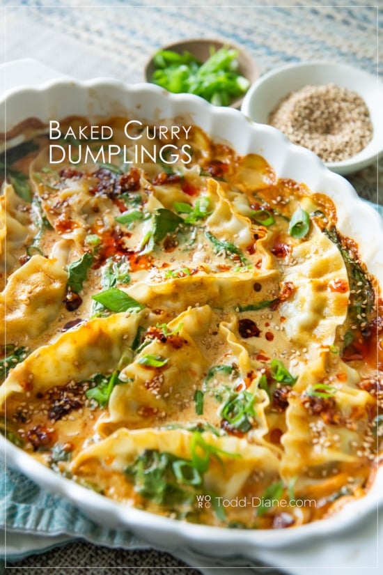 warm dish of viral trader joes baked curry dumplings