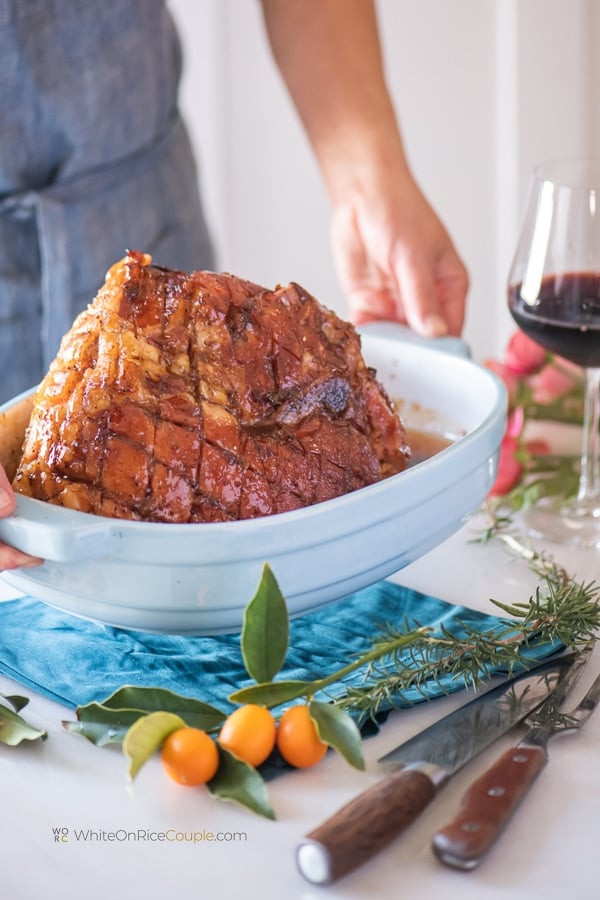 Easy Baked Ham Recipe with Apricot Glaze in a baking dish