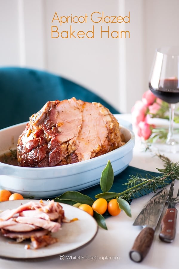 Easy Baked Ham Recipe with Apricot Glaze in a baking dish