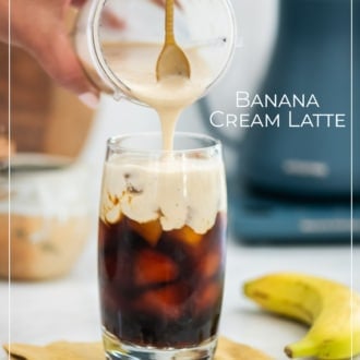 pouring into the iced banana cream latte