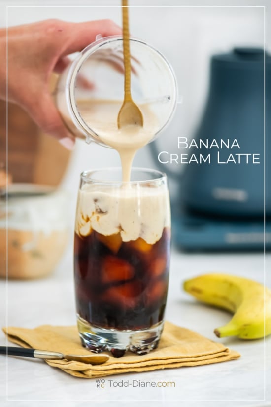 pouring into the iced banana cream latte 