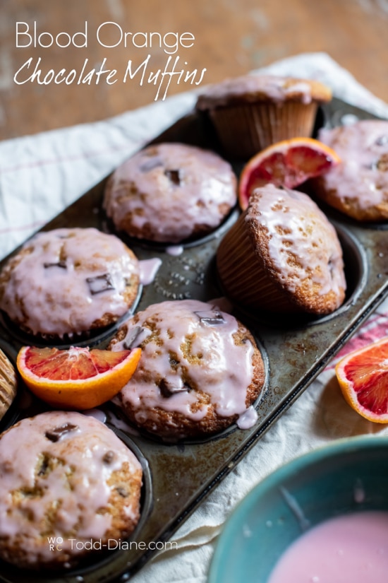 Blood orange chocolate muffins in a muffin tin close up