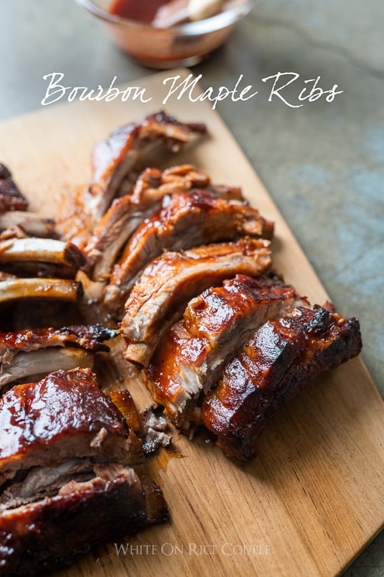 Juicy Bourbon Maple Ribs on a cutting board