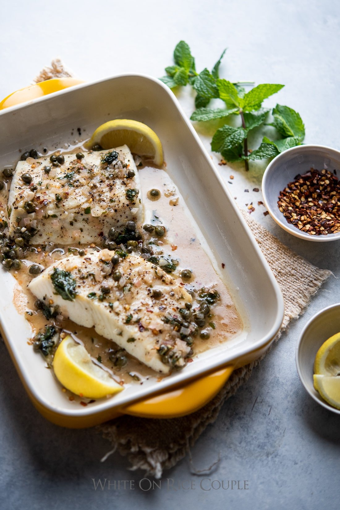 Broiled Halibut Recipe White Wine Lemon Sauce white on rice