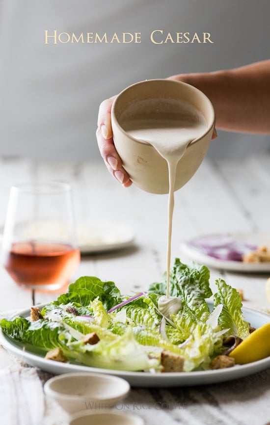 Homemade Caesar Salad Dressing and Caesar Salad Recipe on a plate