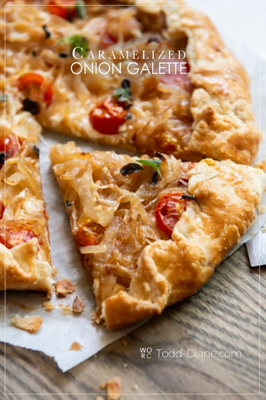 Slice of caramelized onion galette