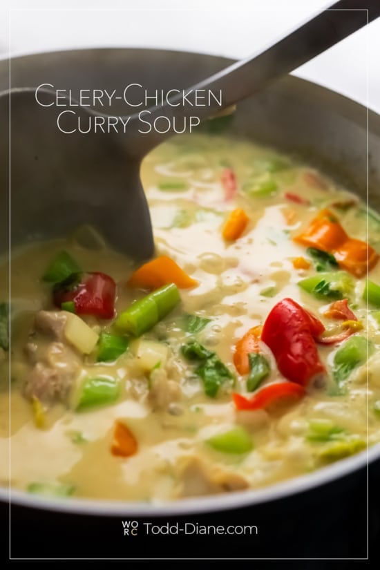 stirring pot of celery chicken curry soup