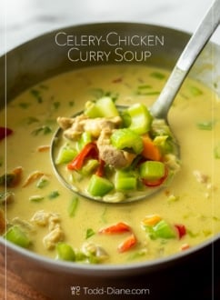 ladle of celery chicken curry soup