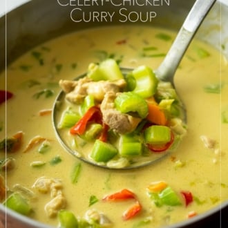 ladle of celery chicken curry soup