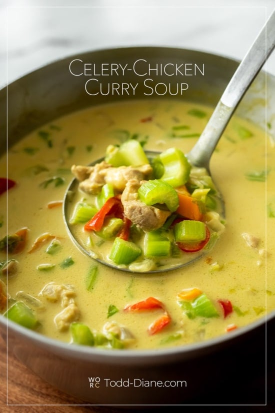 ladle of celery chicken curry soup