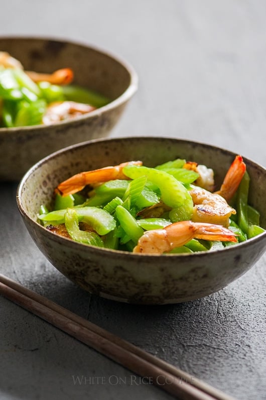 Healthy Asian Celery Shrimp Stir fry in a bowl