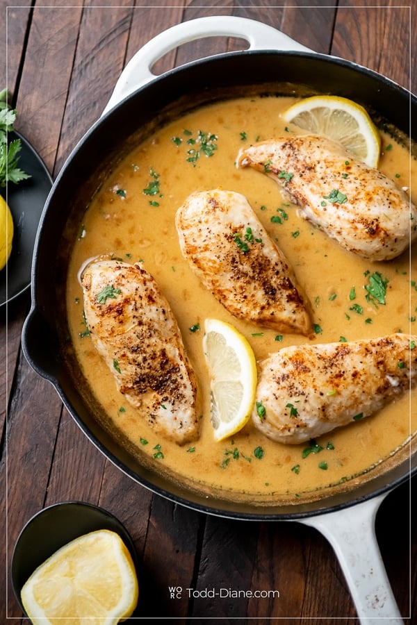 Lemon Pepper Chicken Recipe with Cream Sauce in a skillet