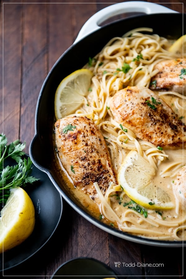 Lemon Pepper Chicken Recipe with Cream Sauce in a skillet