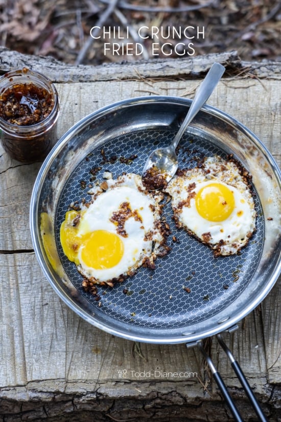 chili crisp fried eggs on avocado toast eating outside 