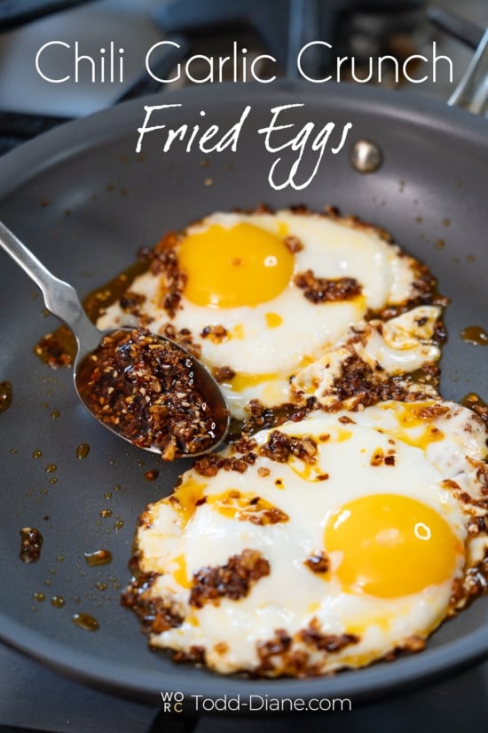 Chili crunch fried eggs in pan 