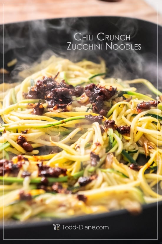 skillet of chili crisp zoodles or zucchini noodles