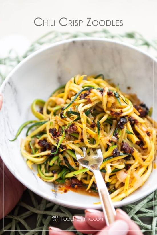 bowl of chili crisp zoodles with fork 