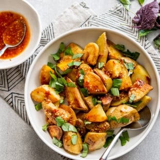 chili garlic potatoes in bowl