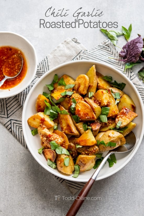 chili garlic potatoes in bowl 