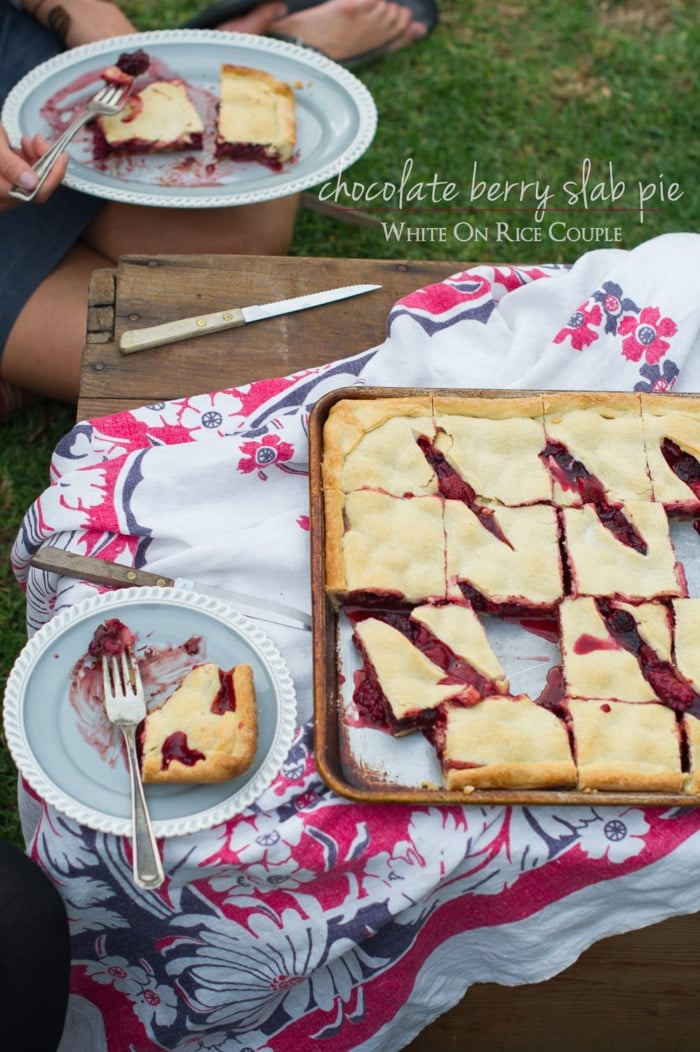 picnic scene with chocolate berry slab pie