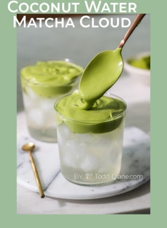 matcha cloud over glass of coconut water