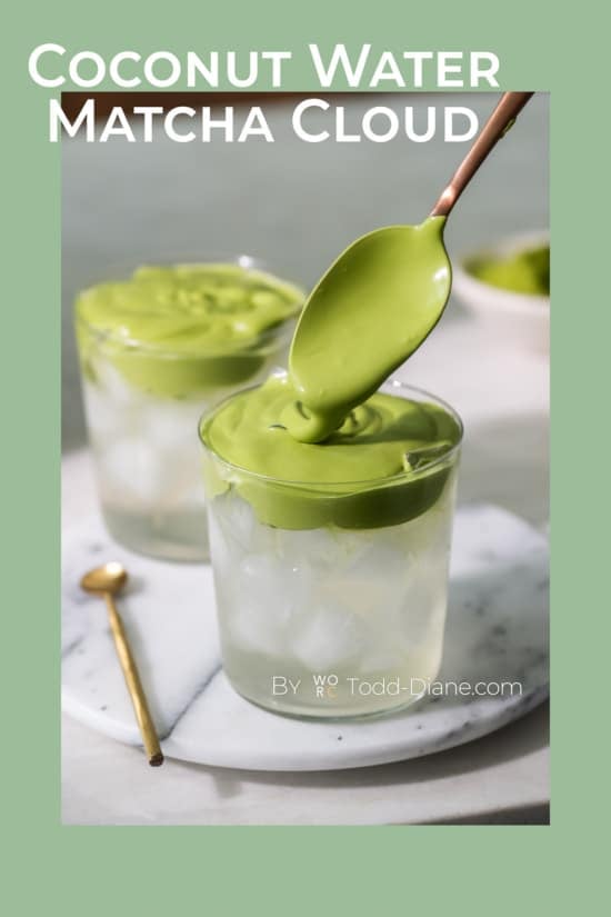 matcha cloud over glass of coconut water