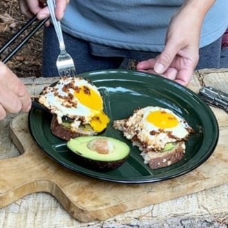 outdoor cooking chili crisp fried eggs on avocado toast