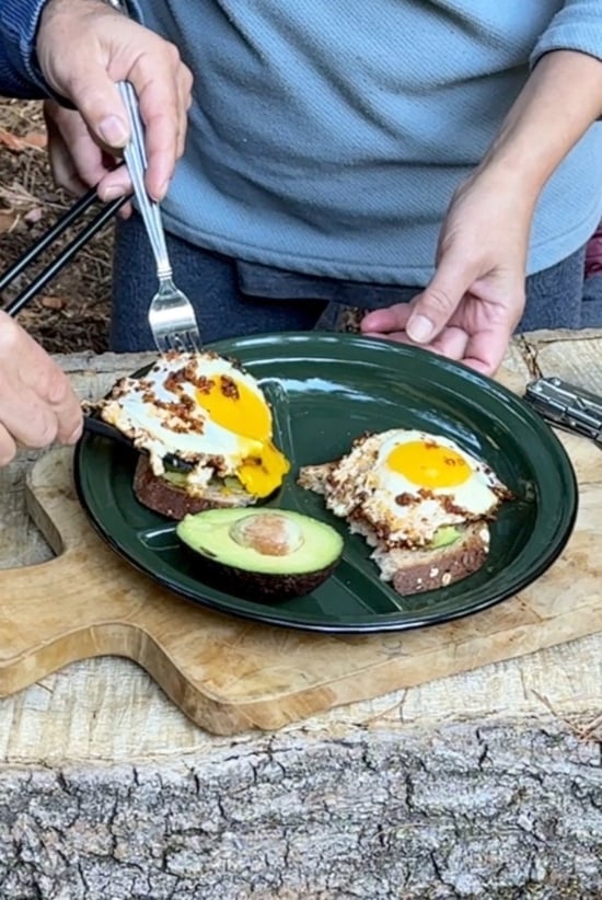 outdoor cooking chili crisp fried eggs on avocado toast 