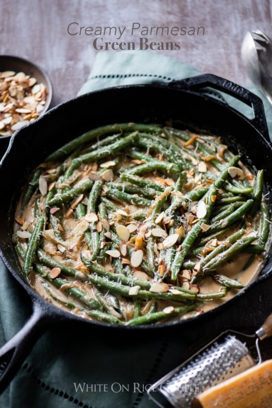 Creamy Green Beans Recipe with Parmesan Cheese in a skillet