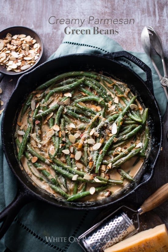 Creamy Green Beans Recipe with Parmesan Cheese in a skillet