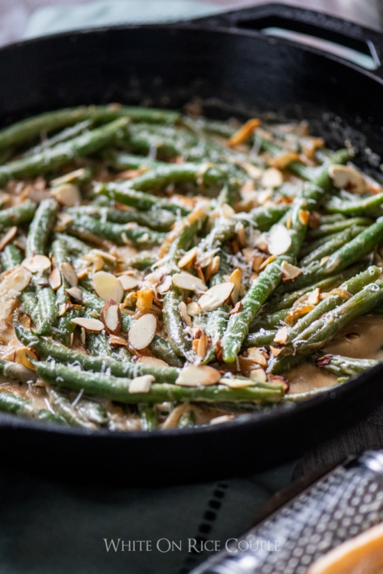 Creamy Green Beans Recipe with Parmesan Cheese in a skillet