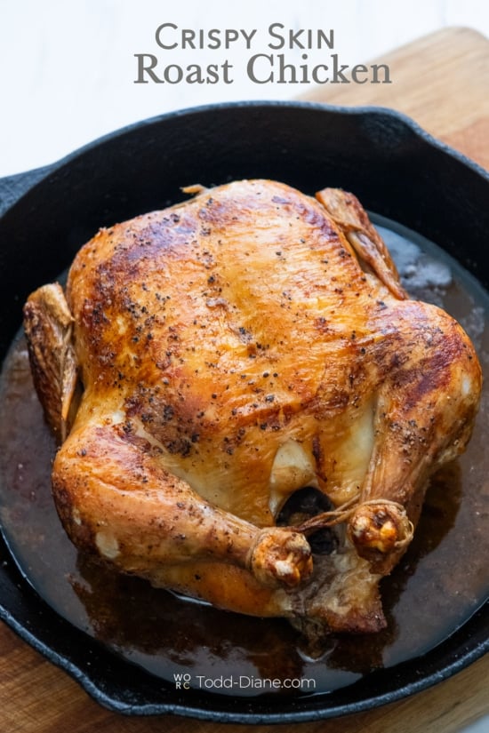 crispy roast chicken in pan 