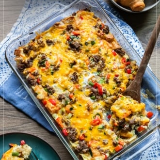 spoon in croissant breakfast casserole dish