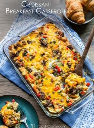 spoon in croissant breakfast casserole dish