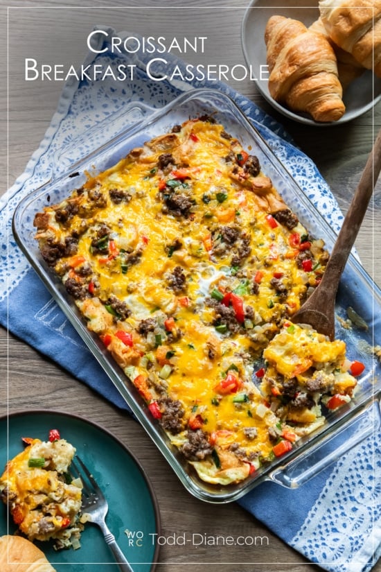 spoon in croissant breakfast casserole dish 