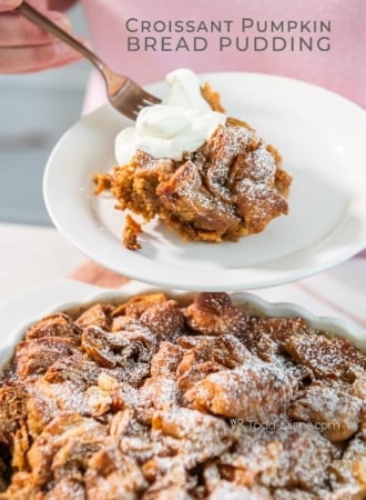 serving of croissant pumpkin bread pudding with whipped cream